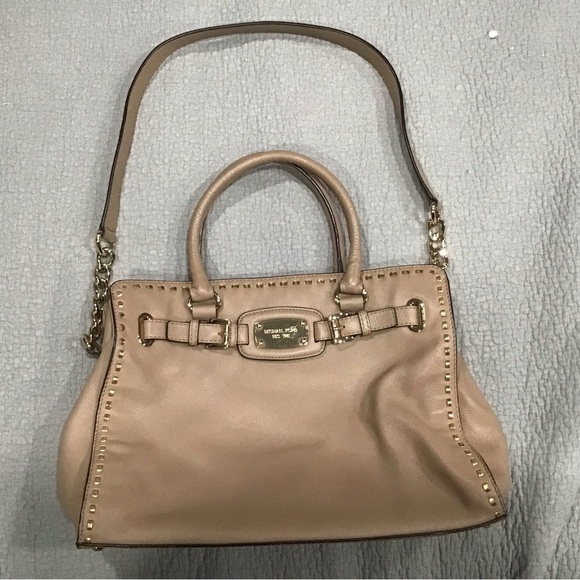 MICHAEL KORS HAMILTON LARGE TAN DARK KHAKI GOLD WHIP STITCH CHAIN TOTE BAG EUC - Picture 1 of 7